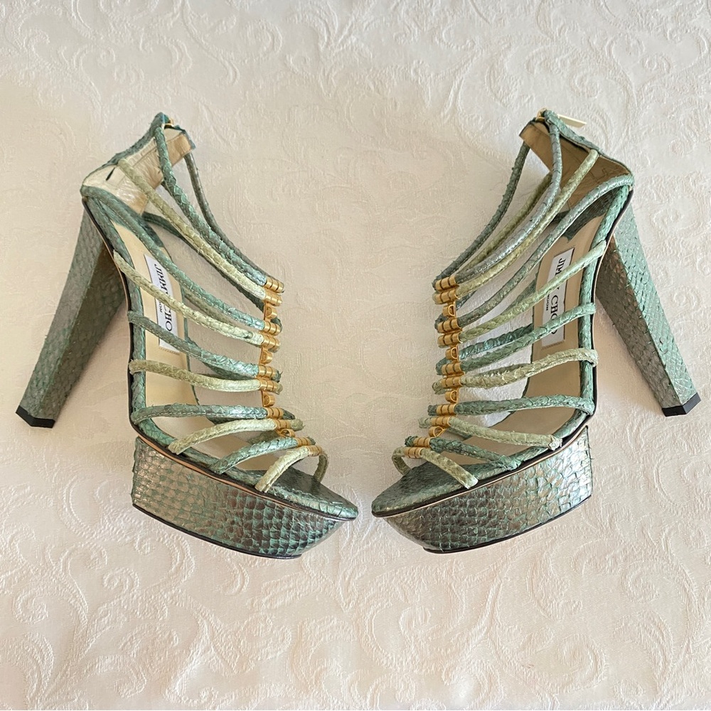 Jimmy choo blue green Python platform caged sandals
